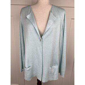 Eileen Fisher Linen Cardigan XL Aqua Blue One Button Front Lightweight Knit